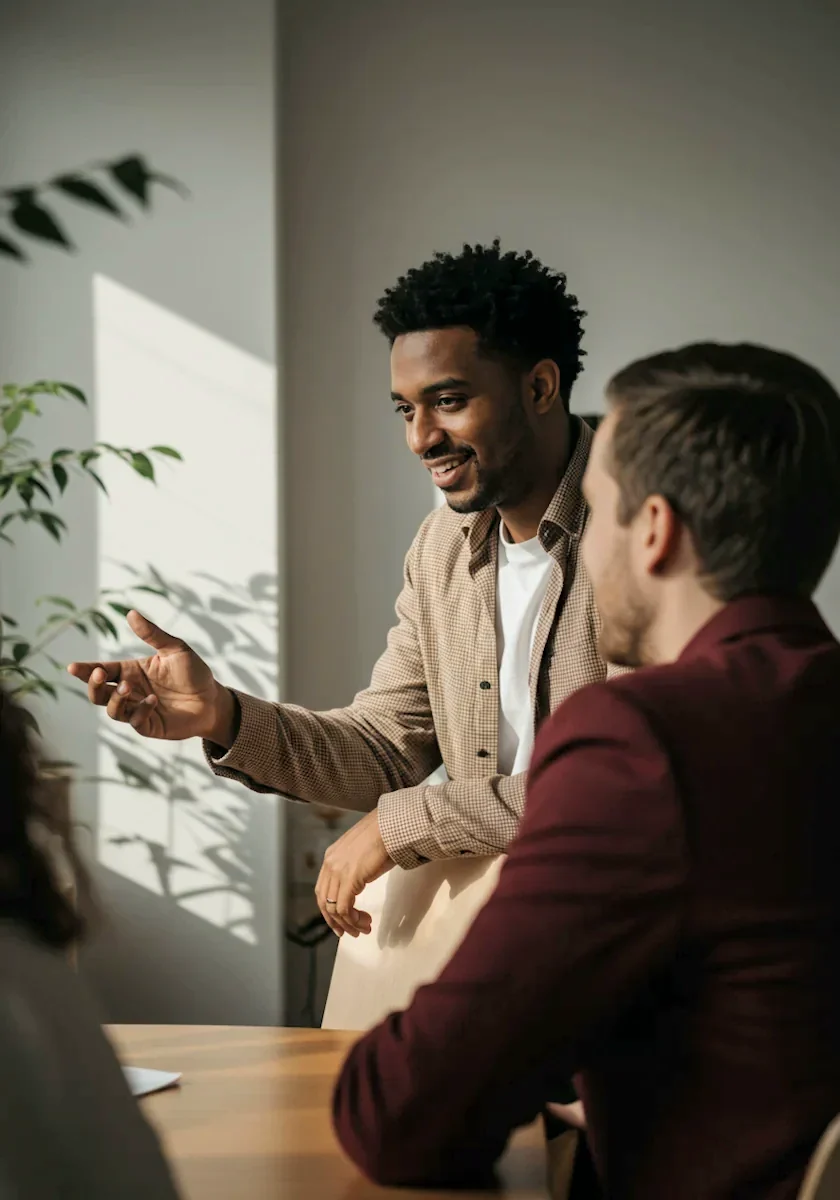 Two advisers in conversation by a window