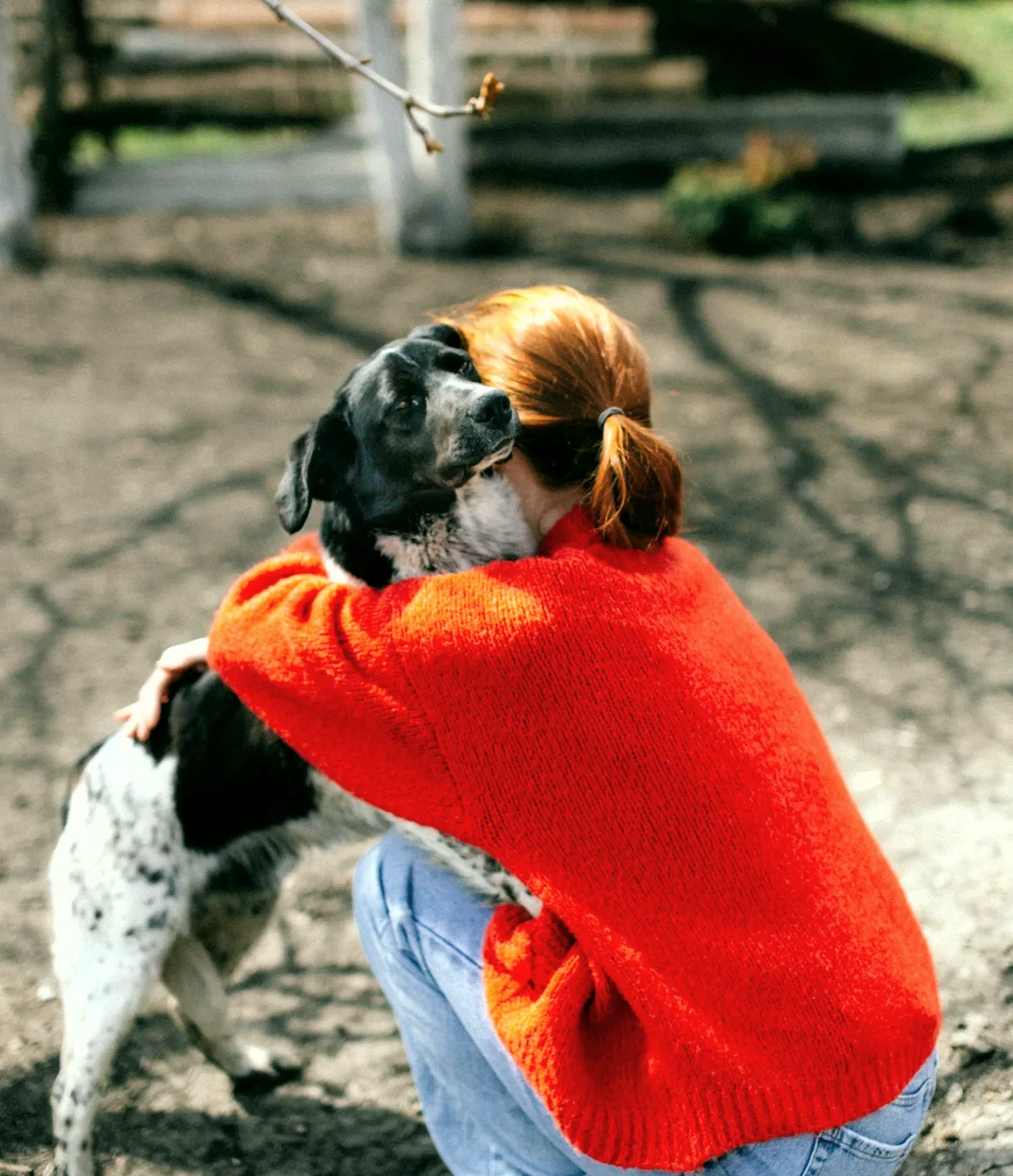A new adopter in a red sweater hugs her black and white rescue dog on adoption day