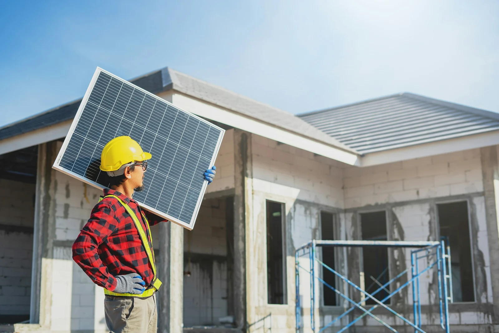 Installer in a hard hat carrying a panel to a new stucco home in hard sun