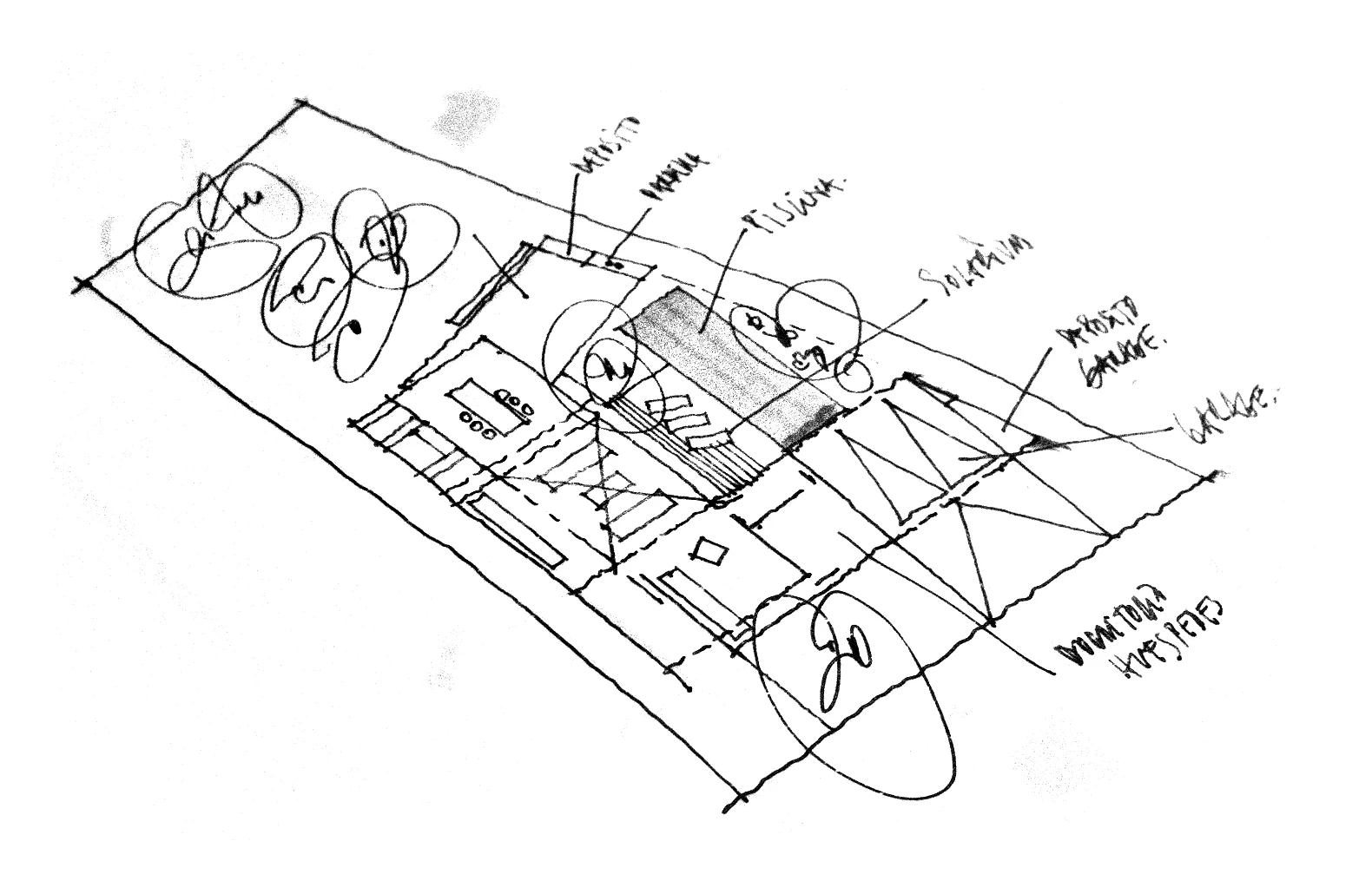 Hand-drawn pen plan of a house and garden with trees, a pool, a garage and handwritten room notes