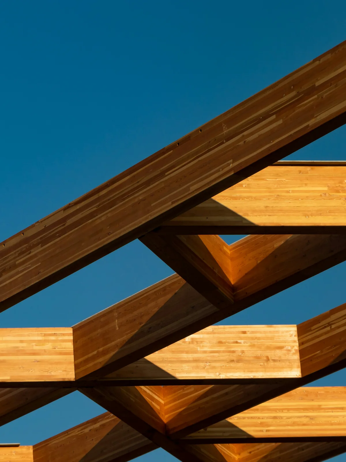 Glued-laminated timber roof beams crossing against a deep blue sky