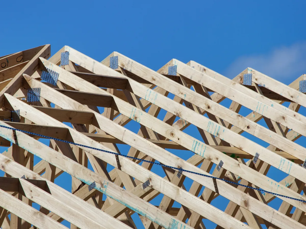Rows of timber roof trusses against a blue sky