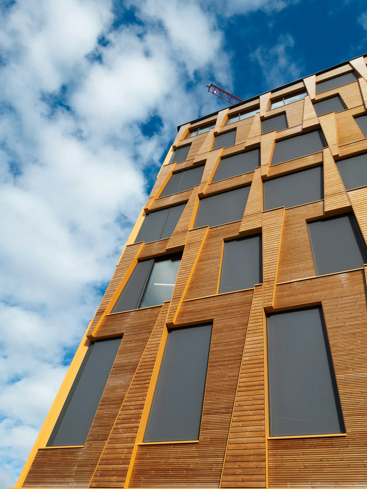 Timber facade of a school building with deep-set windows under a cloudy sky