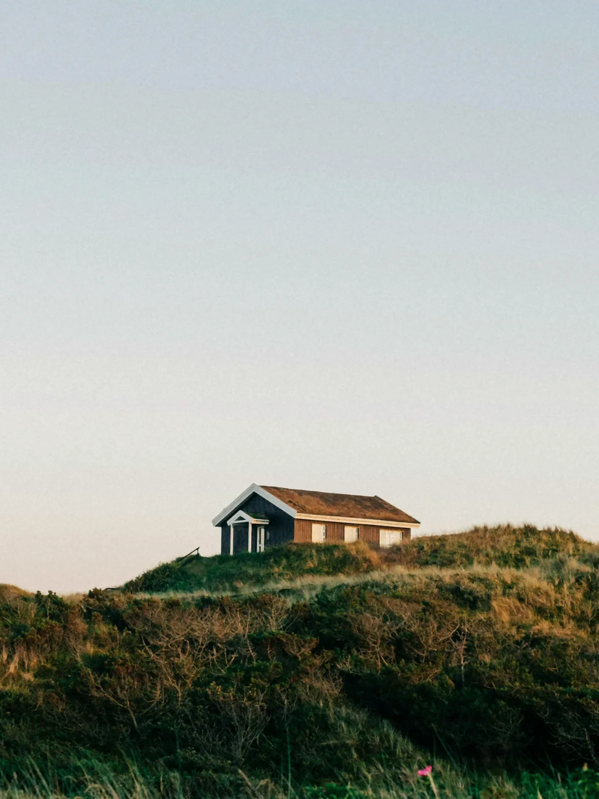 Small dark summer house on a grassy dune under a pale sky