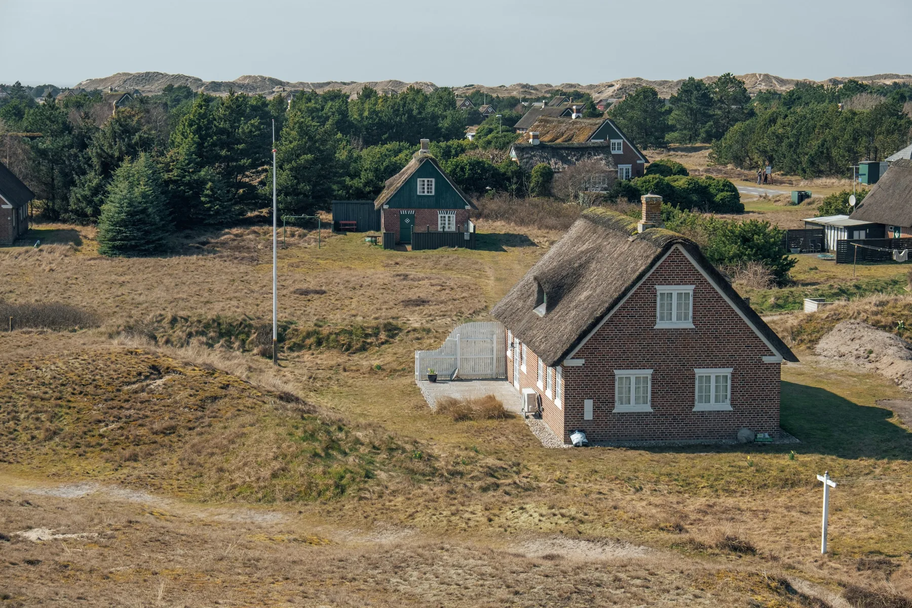 Thatched summer house among heather and pines