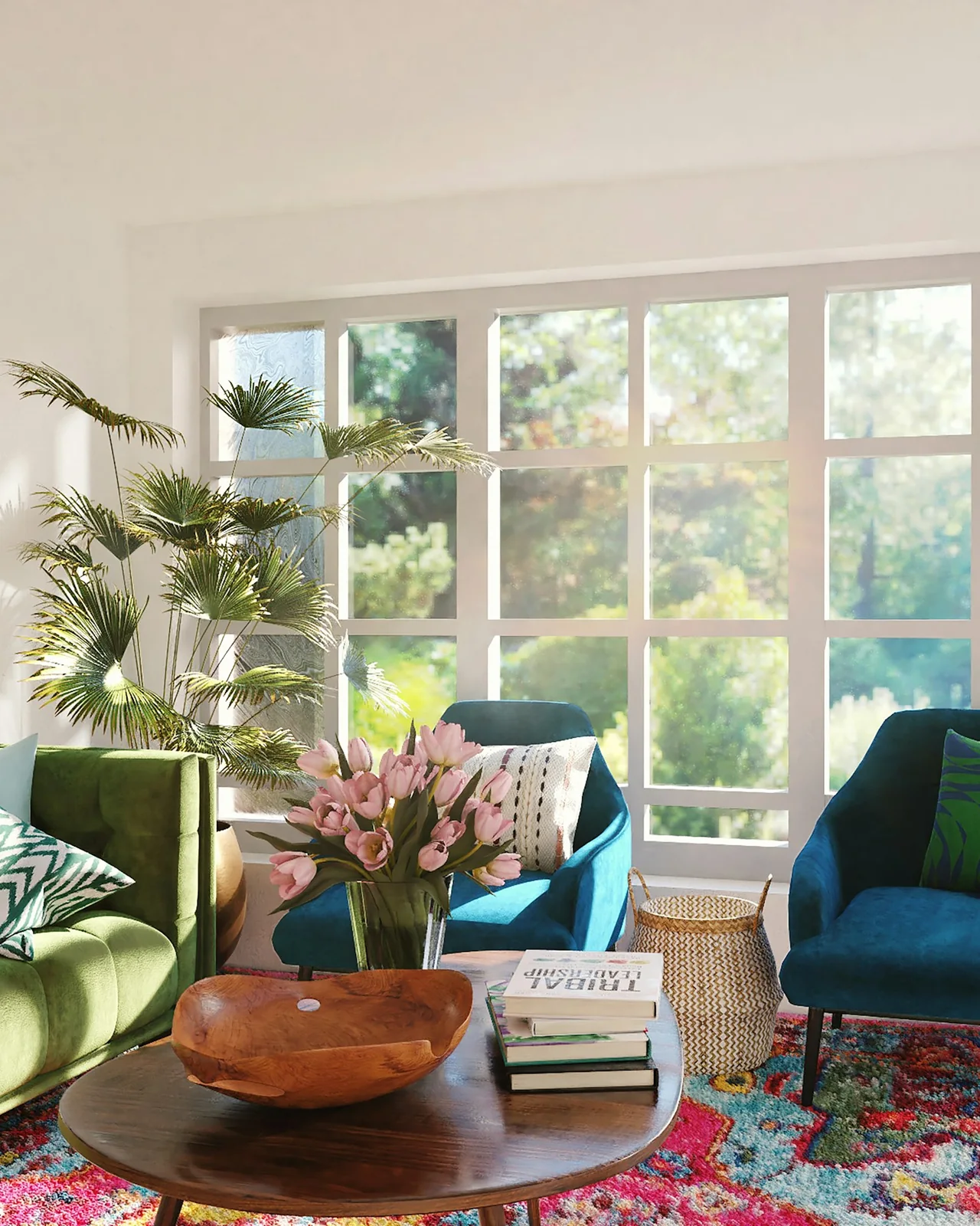 Bright period sitting room with tall windows, a green sofa and plants in daylight