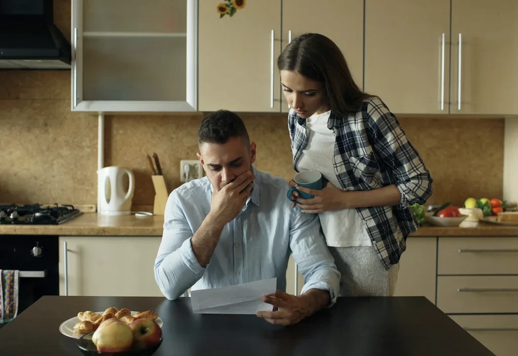 A worried man reading bills at the kitchen table while his partner puts her arm round him