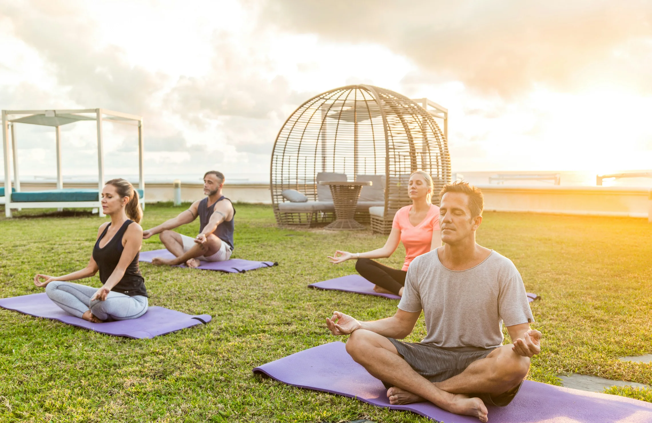 A small group breathing cross-legged on mats on a lawn above the sea in morning sun