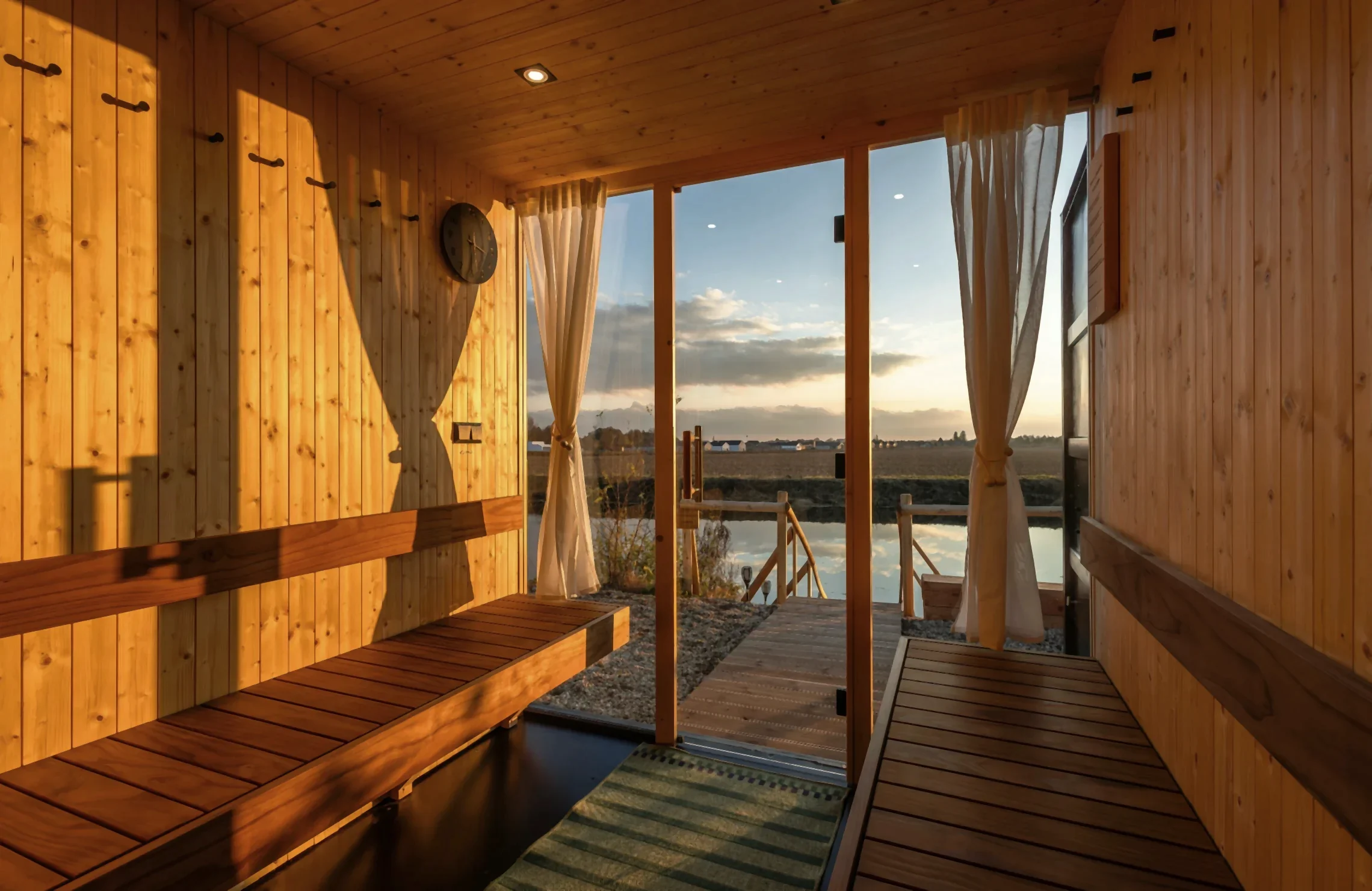 Inside a cedar sauna, low sun through a glass door that opens onto a deck over the water