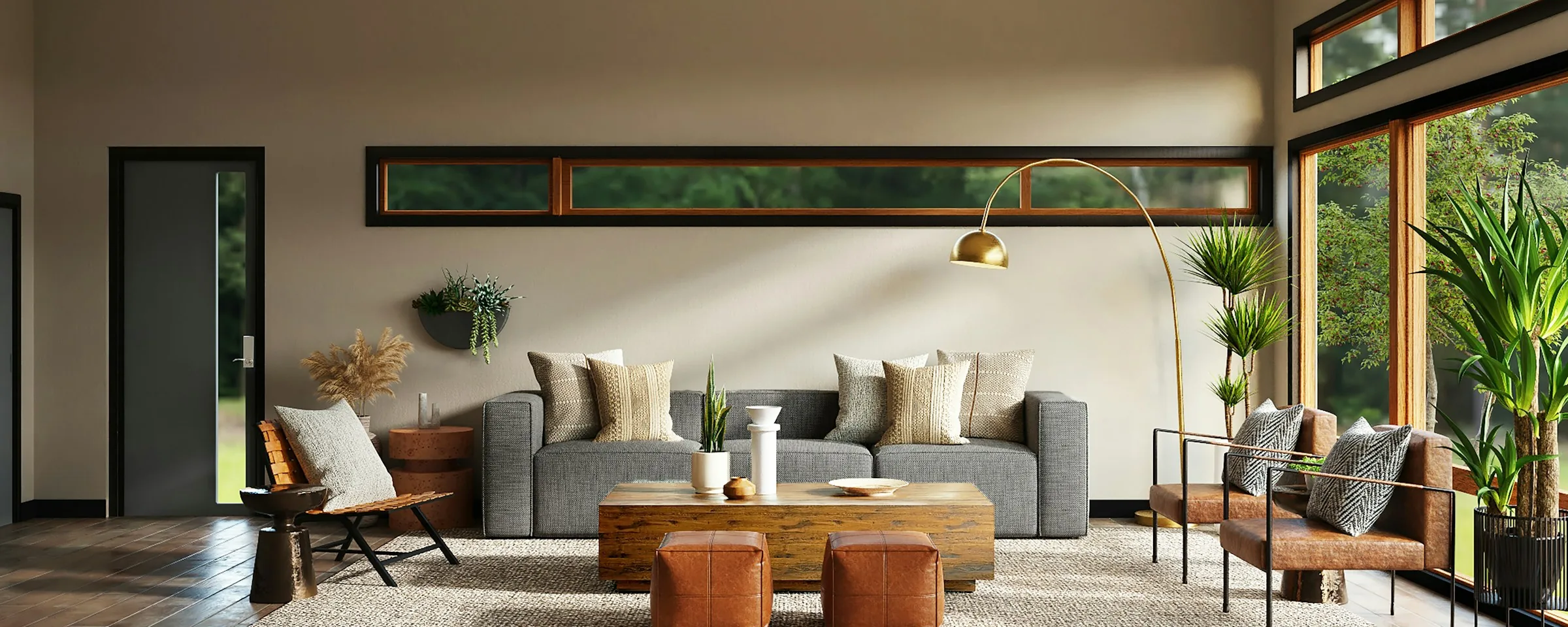 A finished living room in daylight: a grey sofa, a timber coffee table and two leather ottomans under a long clerestory window, plants by the garden glass