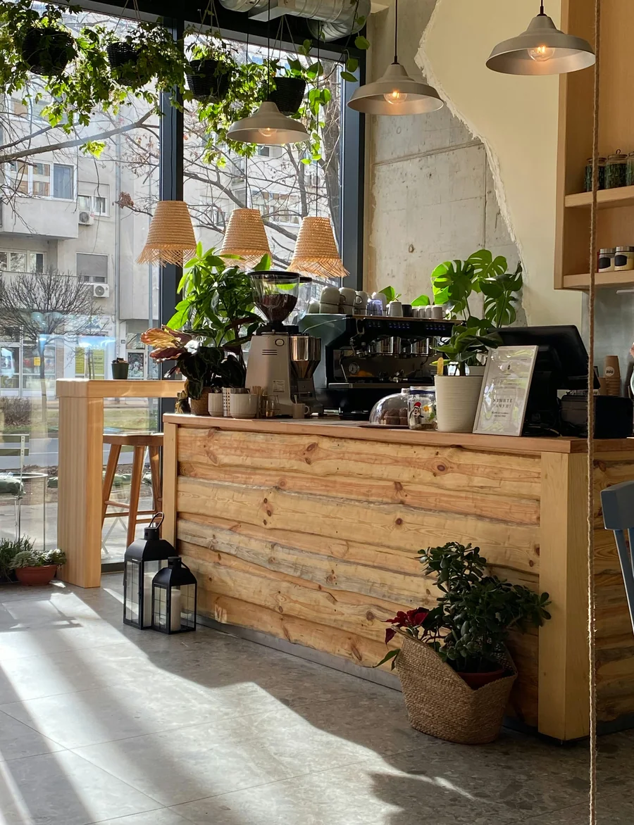 A café counter clad in pale timber boards with plants and sun across the floor